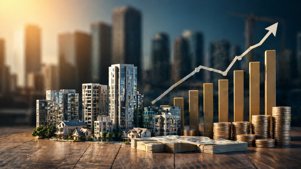 Miniature city buildings with stacked coins and rising financial chart representing increasing real estate costs and investment risk