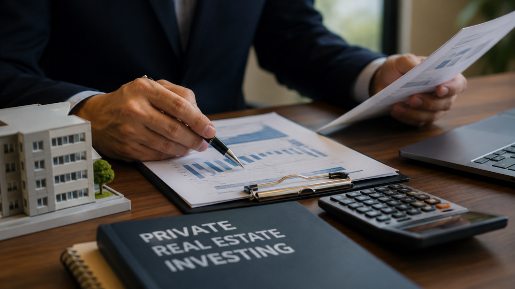 Professional investor reviewing real estate investment documents and financial reports at a desk with calculator, laptop, and property model.